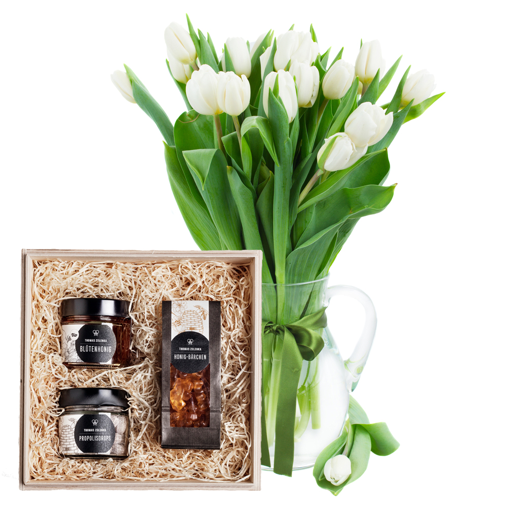 Blumenstrauß und Honig Geschenkbox