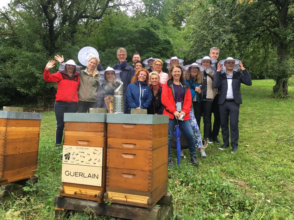 Firmenteam mit Imkerschleiern an den Bienenstöcken
